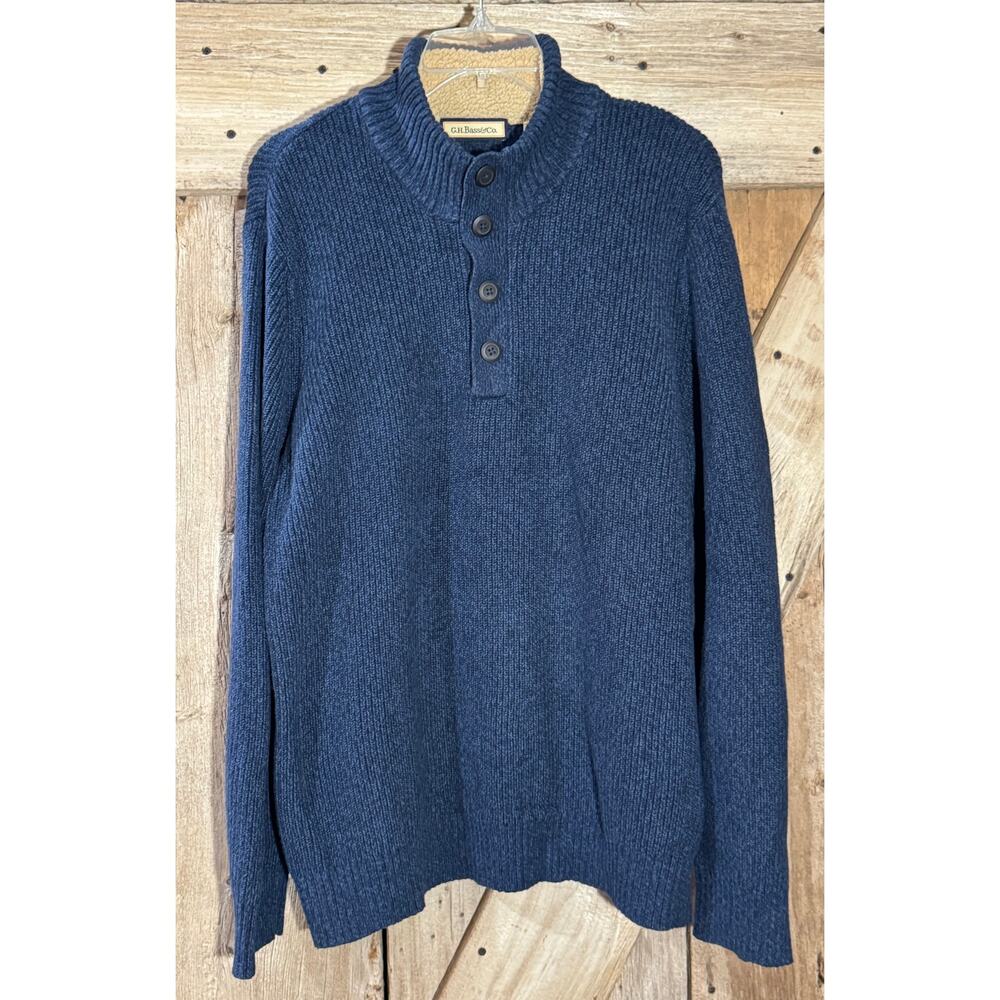 G.H. Bass & Co Men's Sweater 1/4 Button Henley Mock Neck Blue Men’s XL